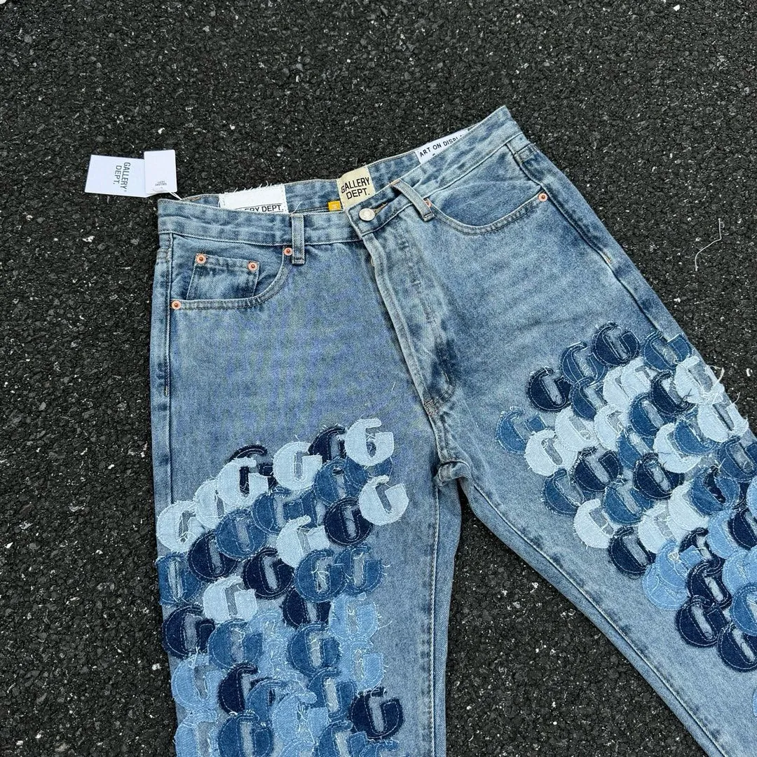 -Size upper body P286#G77 GALLERY DEPT.G letter patch pudding 5001 denim washed and distressed spliced jeans -Original purchase and pattern making to truly restore the ultimate vintage texture -Original hardware accessories, washed and other elevators, QR code analysis are all purchased from the original factory, high degree of restoration, you are welcome to compare with a certain product~ -Three-dimensional version Loose and comfortable, not picky about the figure, taller and slimmer, factory Seiko, original factory quality control, same style for men and women, can be matched with couples Versatile recommendation: must-have jeans for all seasons Color: blue Size: S-XXL (28-36)
